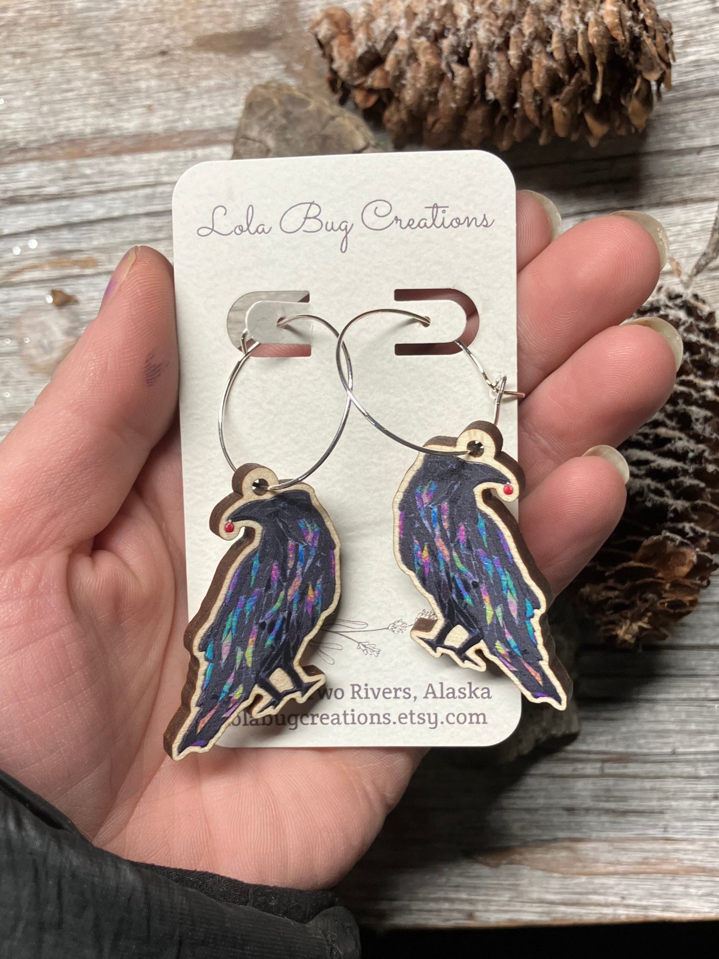 Studious Northern Lights Raven Large Wood Earrings