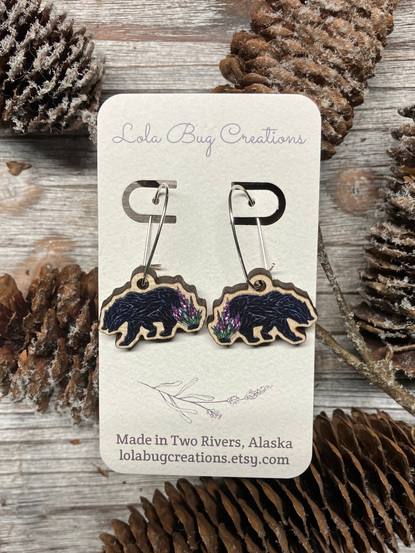 Fireweed Black Bear Wood Earrings