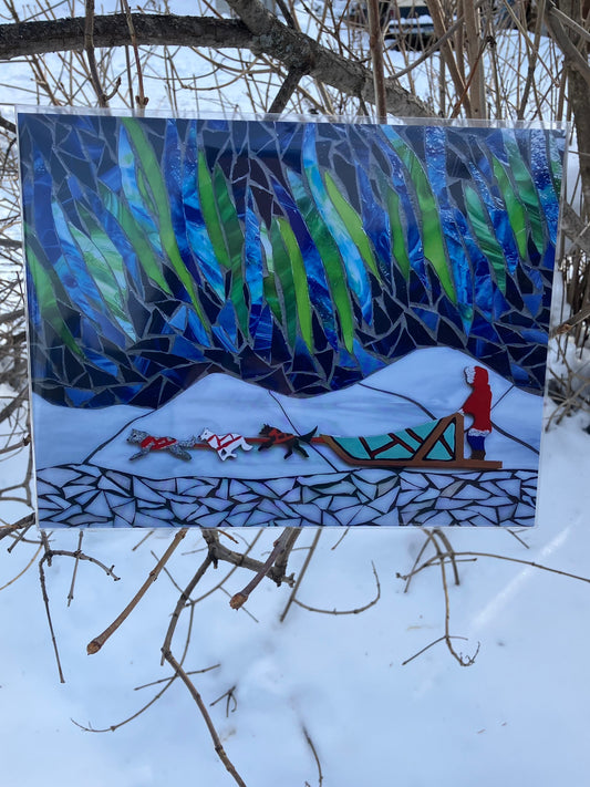Green Northern Lights Dog Mushing Mosaic Print