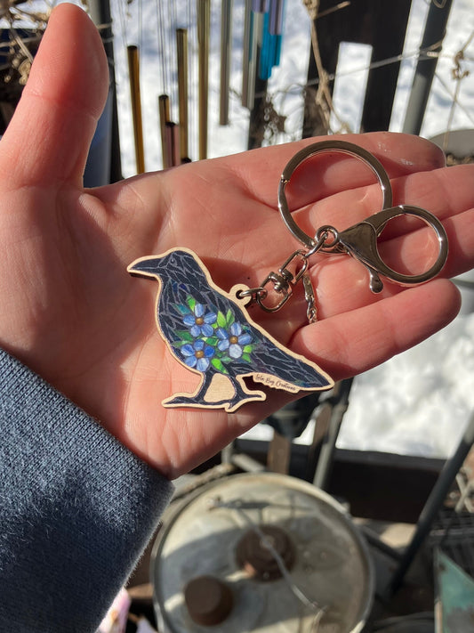 Forget-Me-Not Raven Wood Keychain