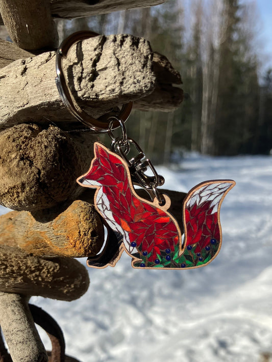 Sitting Fox with Blueberries Wooden Key Chain