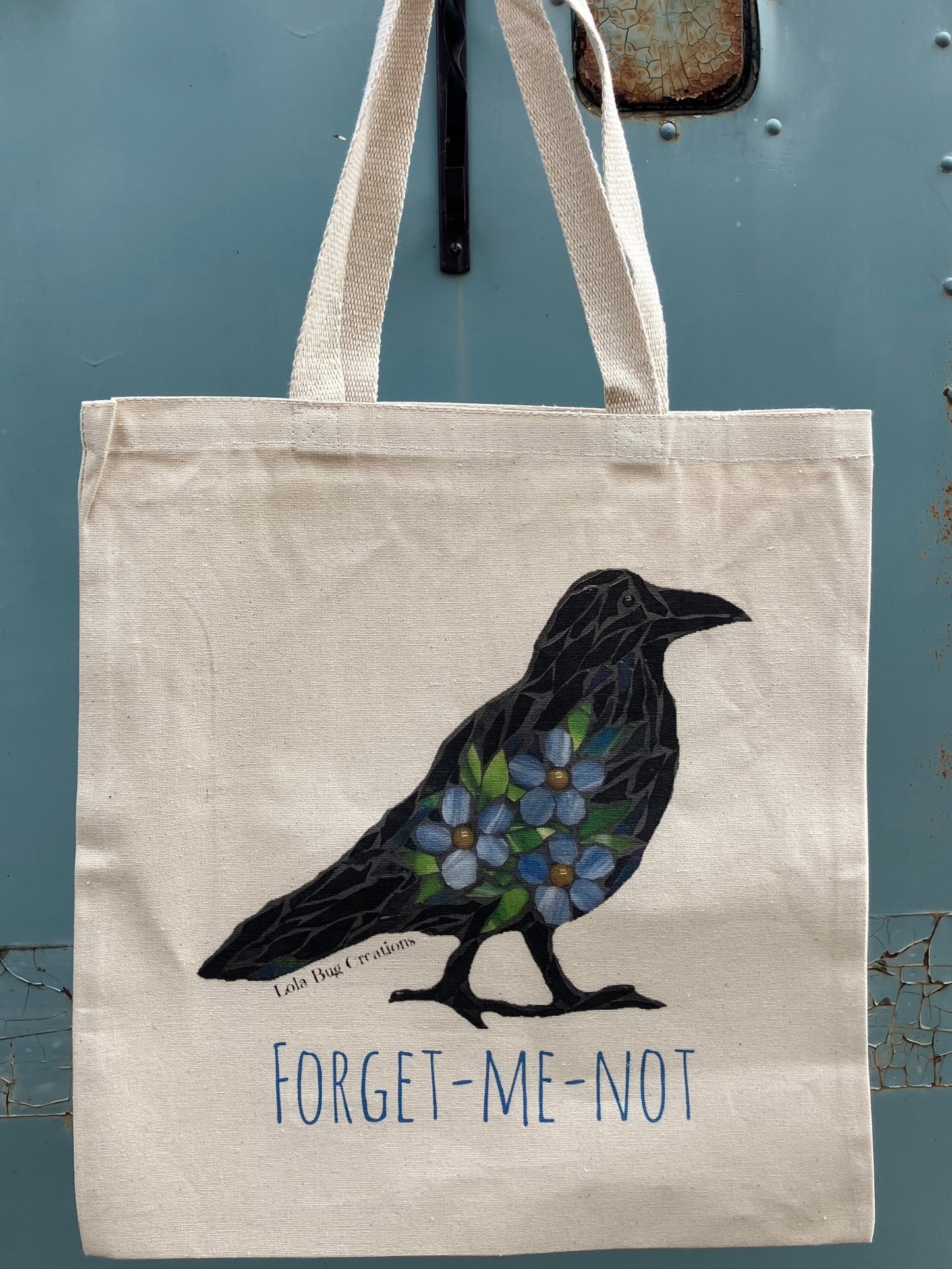 Raven/ crow with Forget-me-nots cotton canvas tote printed bag