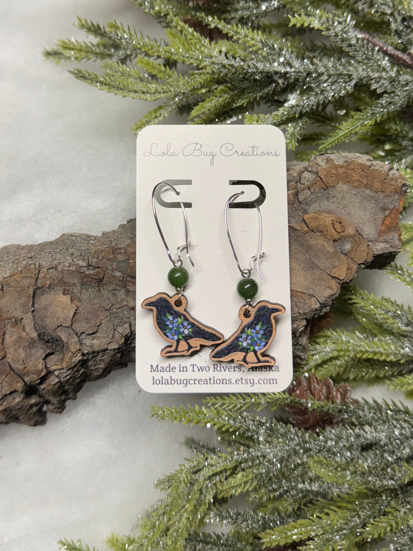 Perched Raven Forget-me-not  Wood Earrings