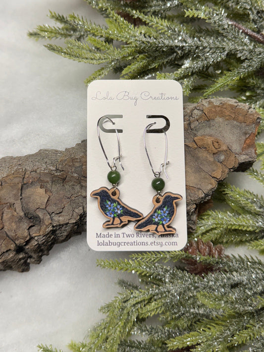 Perched Raven Forget-me-not  Wood Earrings