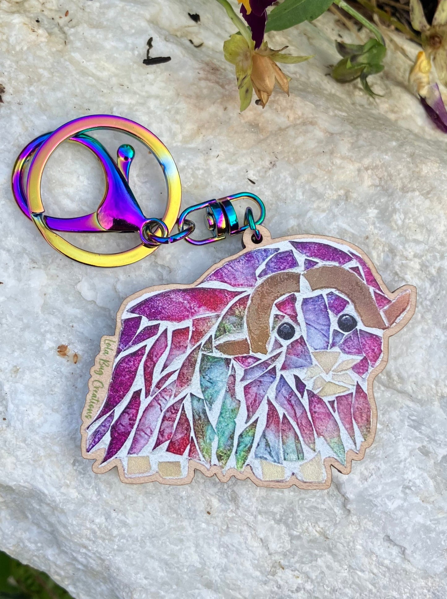 Colorful Musk Ox Wood Keychain