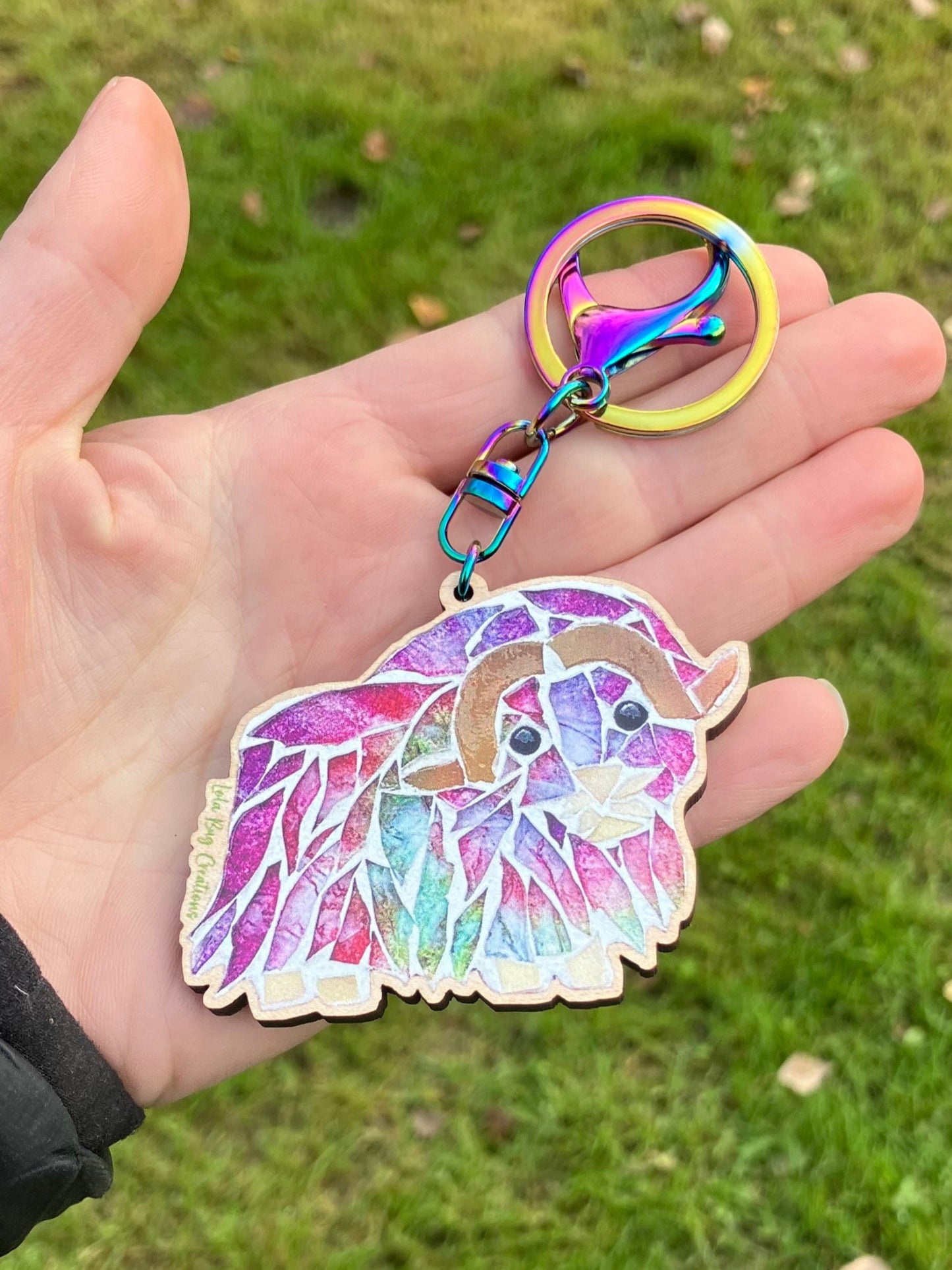 Colorful Musk Ox Wood Keychain