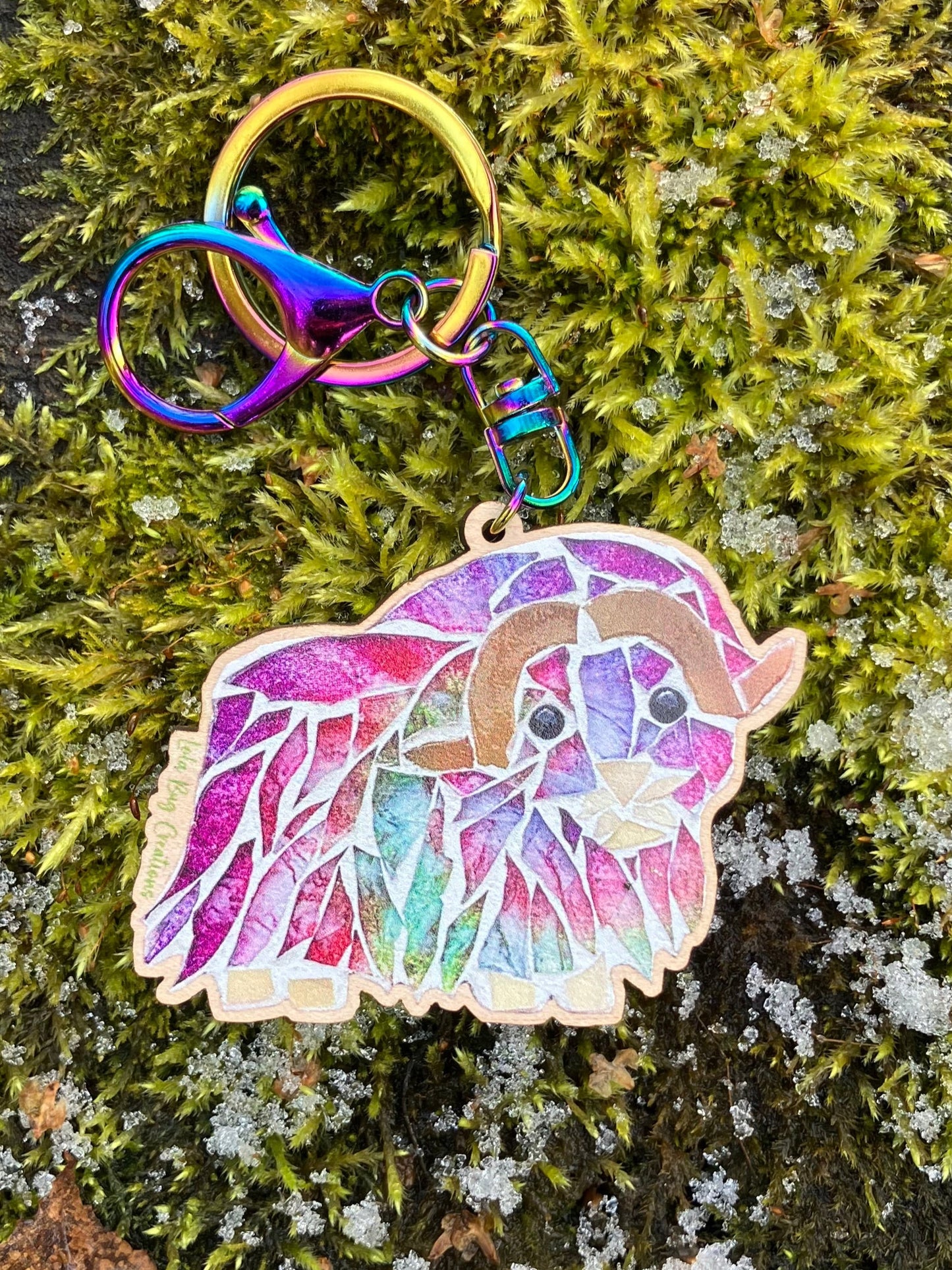 Colorful Musk Ox Wood Keychain