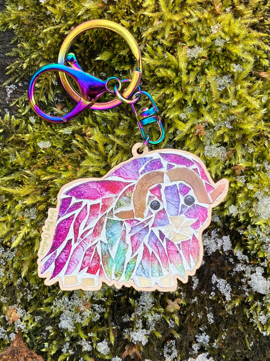 Colorful Musk Ox Wood Keychain