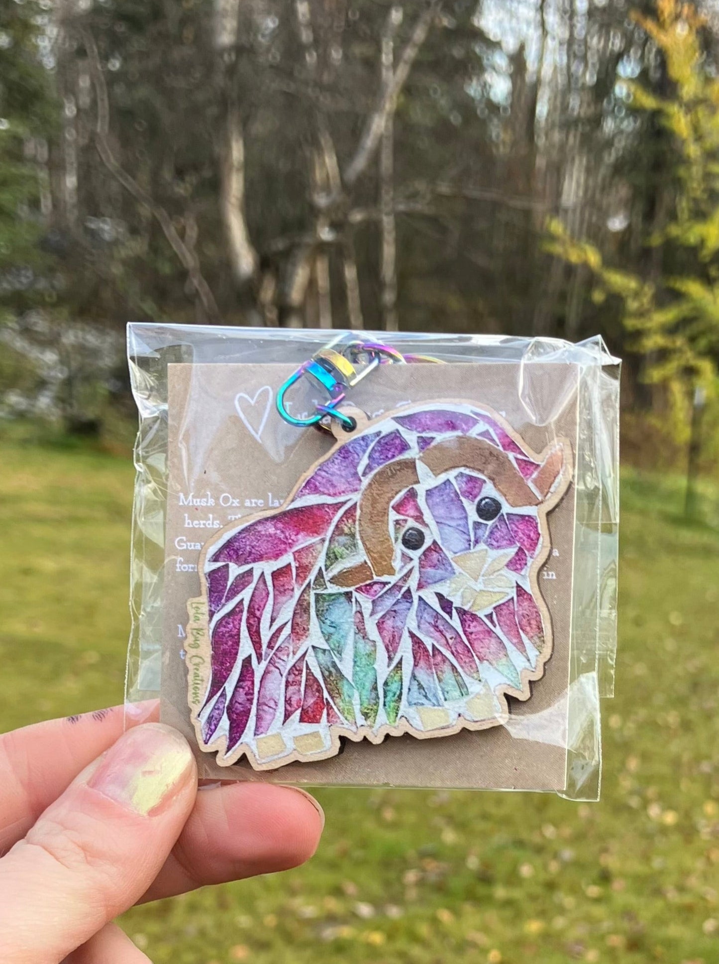 Colorful Musk Ox Wood Keychain
