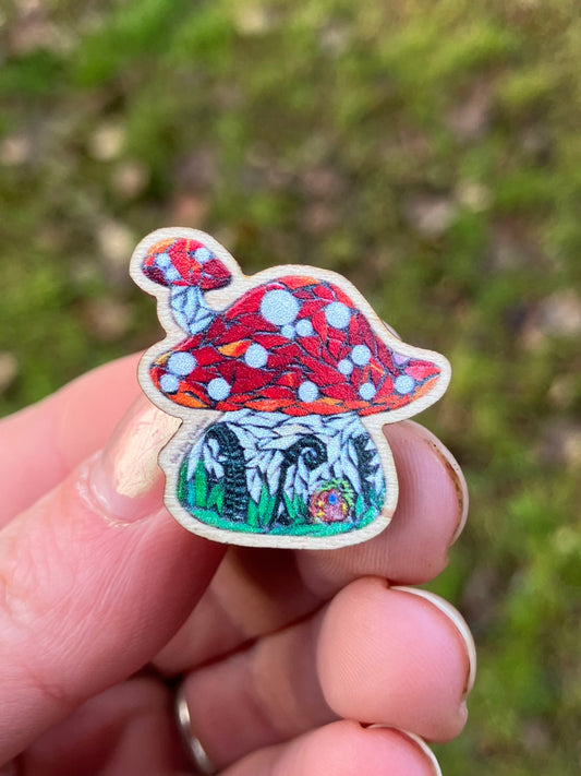 Mushroom House Wood Pin