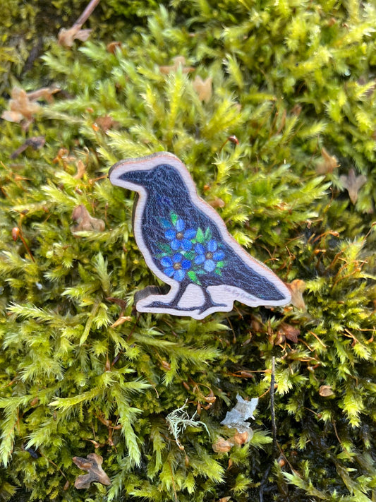 Forget me Not Raven Mosaic Wood Pin