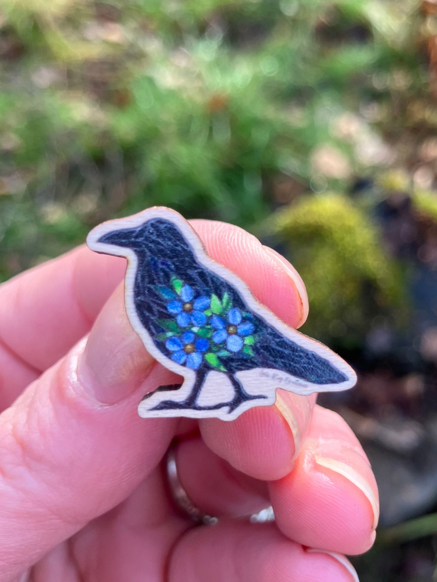 Forget me Not Raven Mosaic Wood Pin
