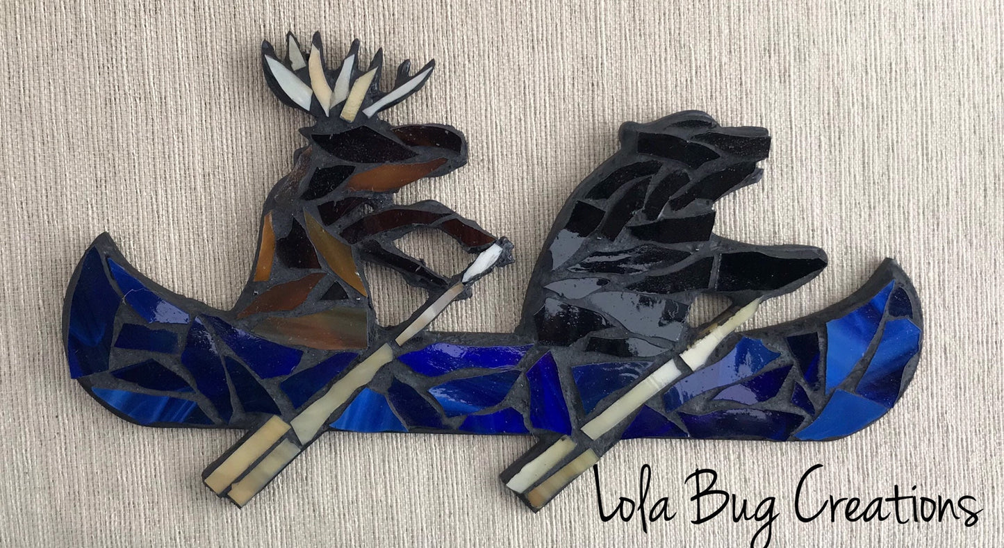 Bear and Moose in a Canoe glass mosaic