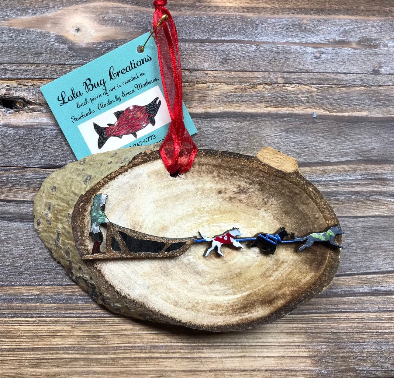 Painted Dog Mushing Birch Ornament