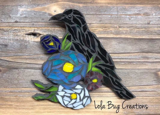 Raven in flowers glass mosaic