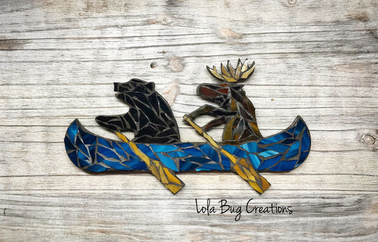 Bear and Moose in a Canoe glass mosaic