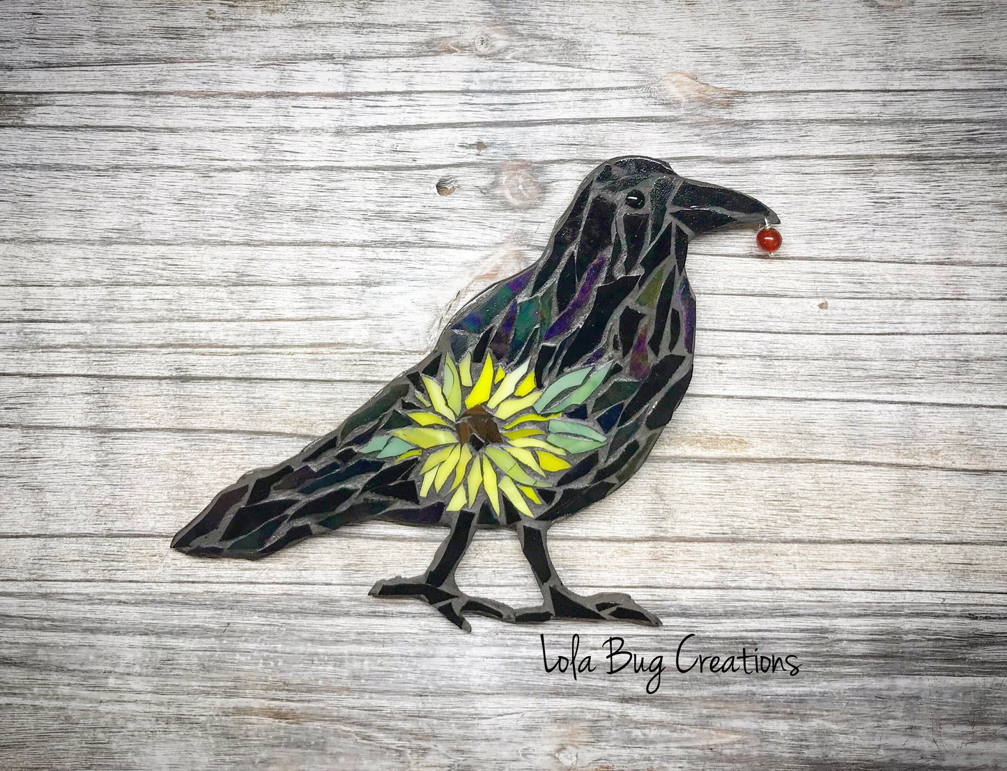 Standing Raven with Sunflower glass Mosaic