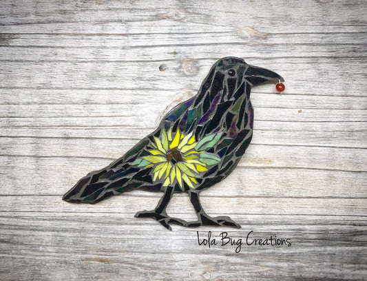 Standing Raven with Sunflower glass Mosaic