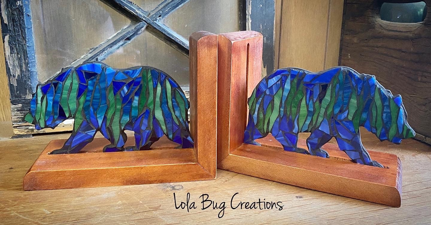 Northern Lights Bear glass mosaic bookend