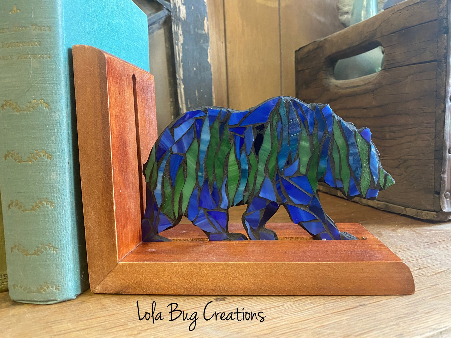 Northern Lights Bear glass mosaic bookend