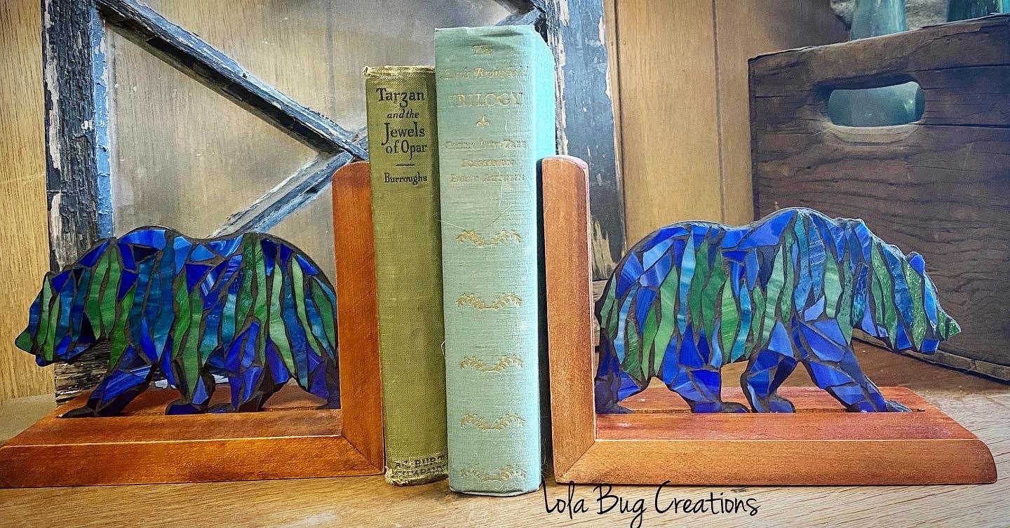 Northern Lights Bear glass mosaic bookend