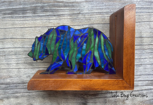 Northern Lights Bear glass mosaic bookend