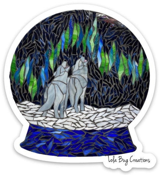 Wolf Howling Northern Lights Snow Globe  Vinyl Sticker