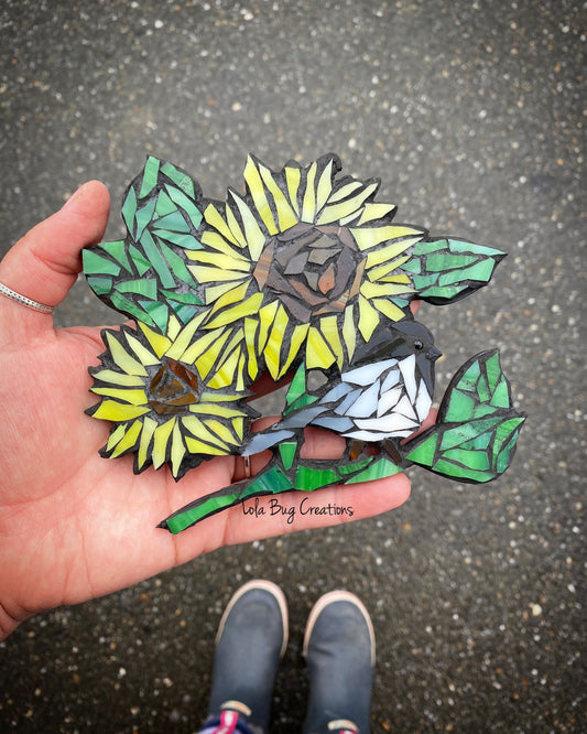 Chickadee wIth Sunflower glass Mosaic