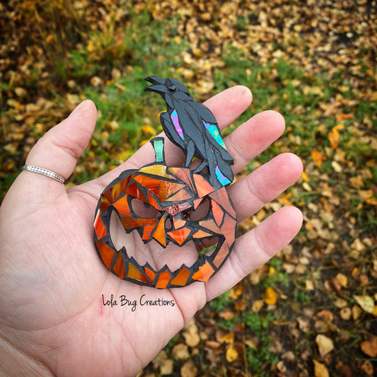 Raven on Jack-o’-lantern Pumpkin Glass Mosaic