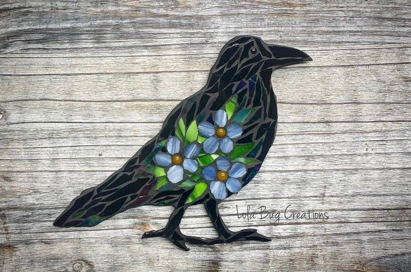 Standing Raven with Forget-me-nots glass Mosaic