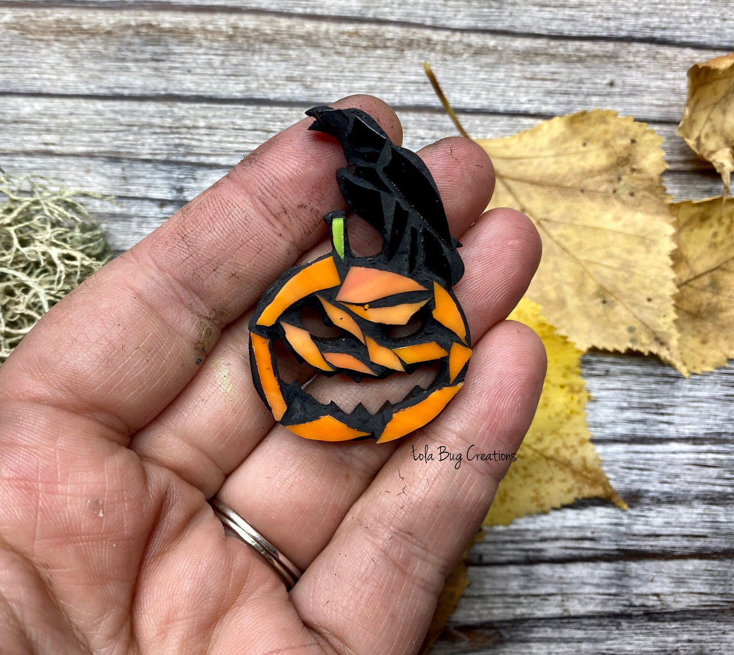 Mini Raven on jack-o’-lantern pumpkin  -Glass Mosaic Magnet