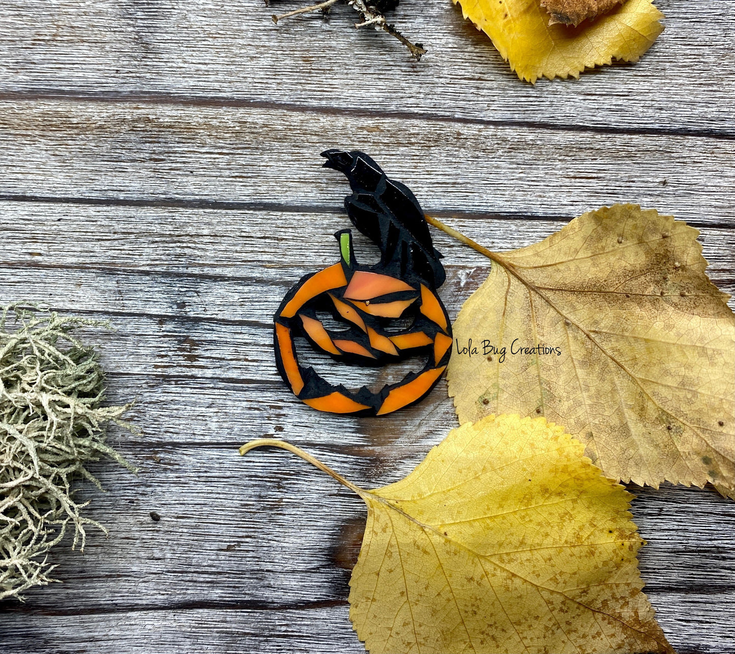 Mini Raven on jack-o’-lantern pumpkin  -Glass Mosaic Magnet