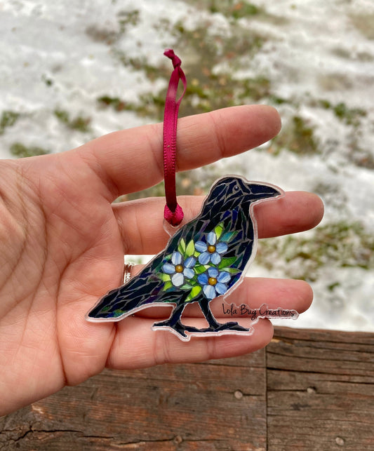 Raven With Forget-me-note acrylic ornament