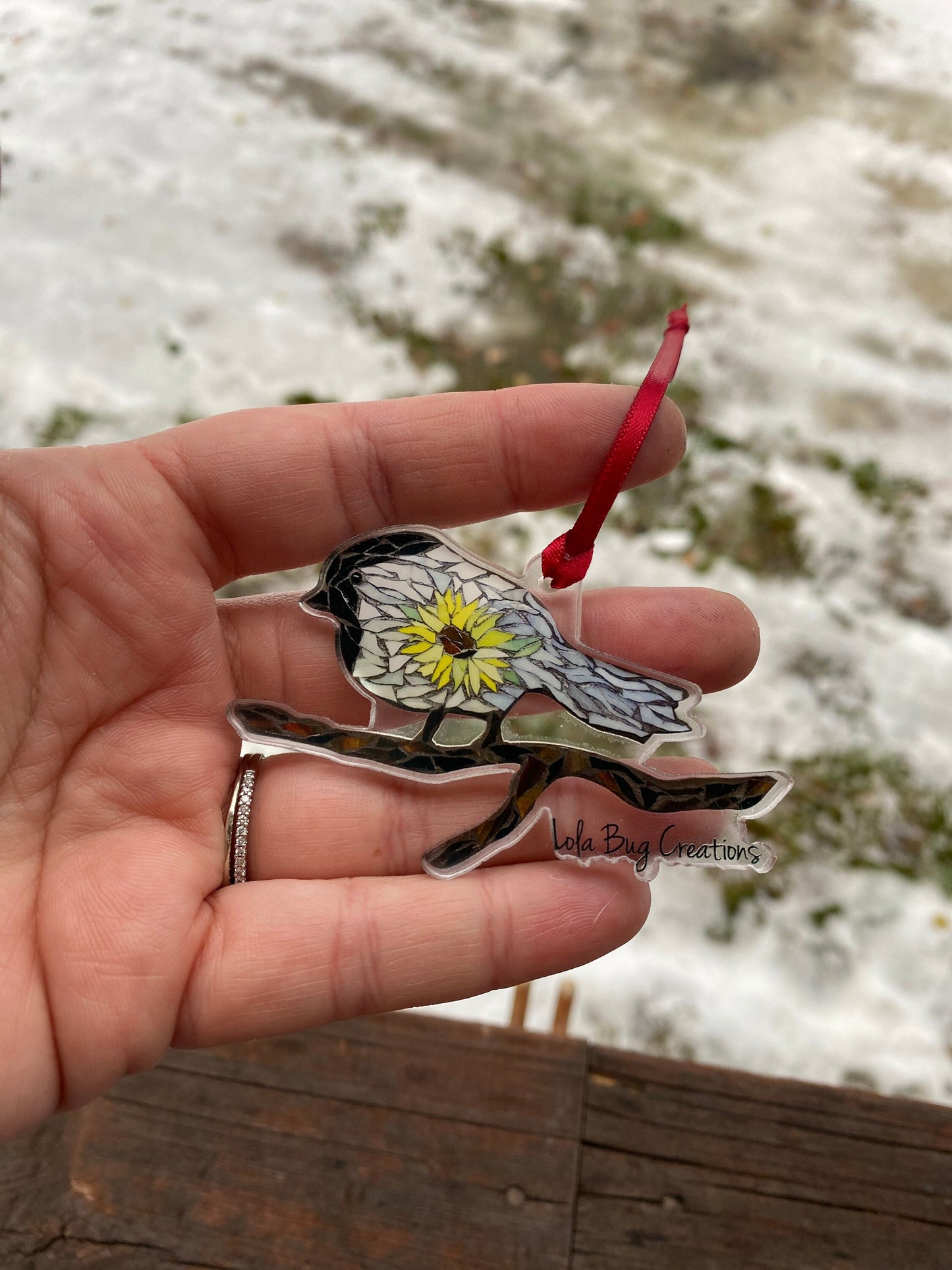 Chickadee with sunflower acrylic ornament