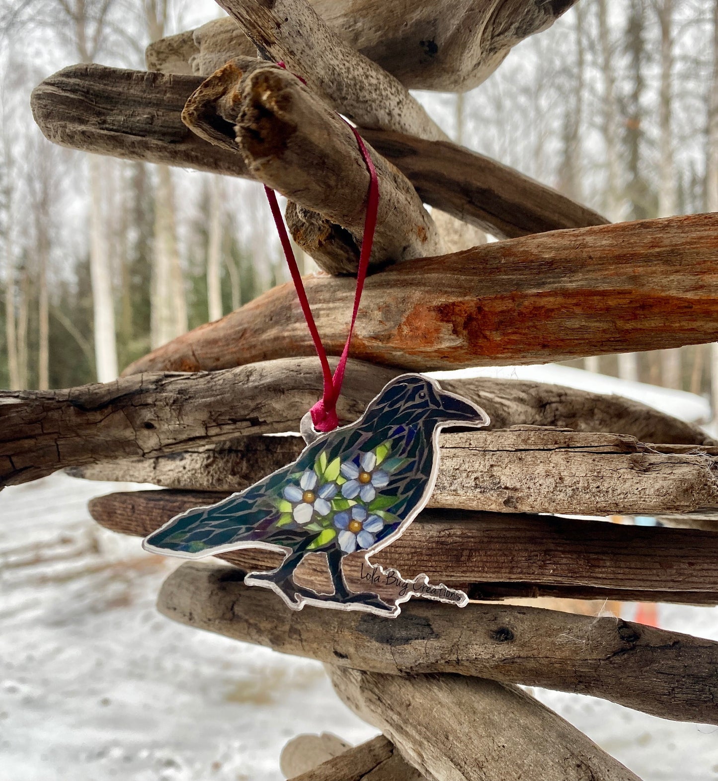 Raven With Forget-me-note acrylic ornament