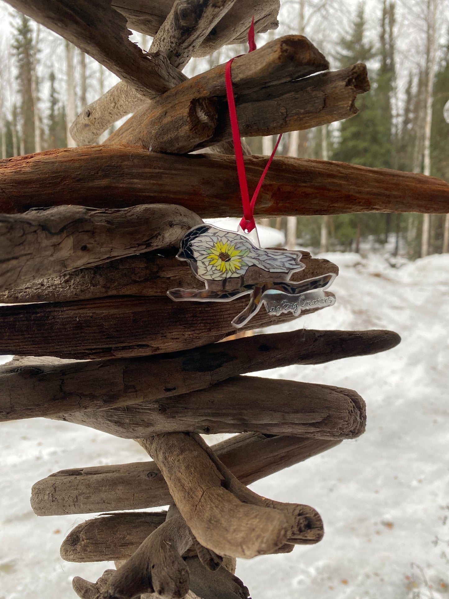 Chickadee with sunflower acrylic ornament