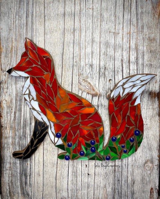 Sitting Fox with blueberries glass mosaic