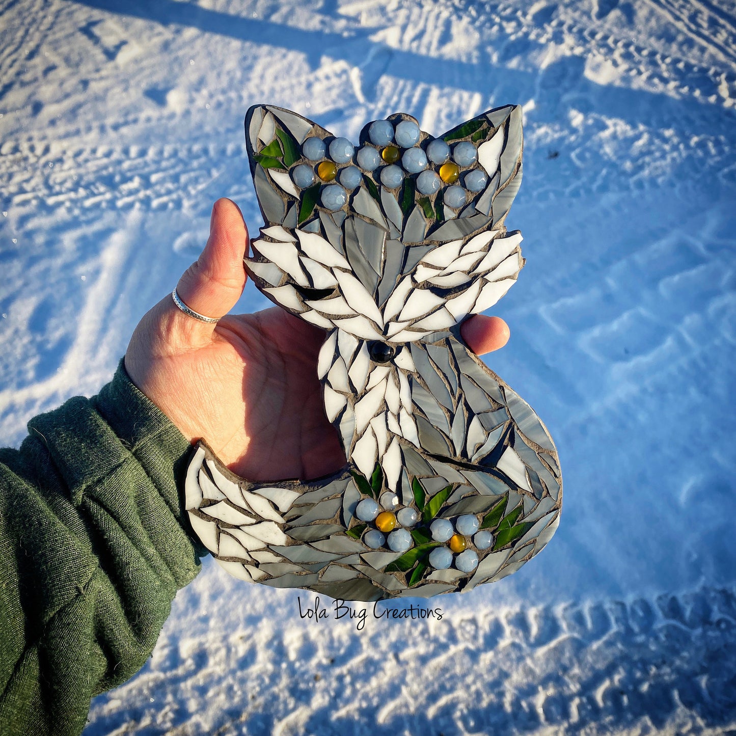 Gray Fox with a Flower Crown glass mosaic