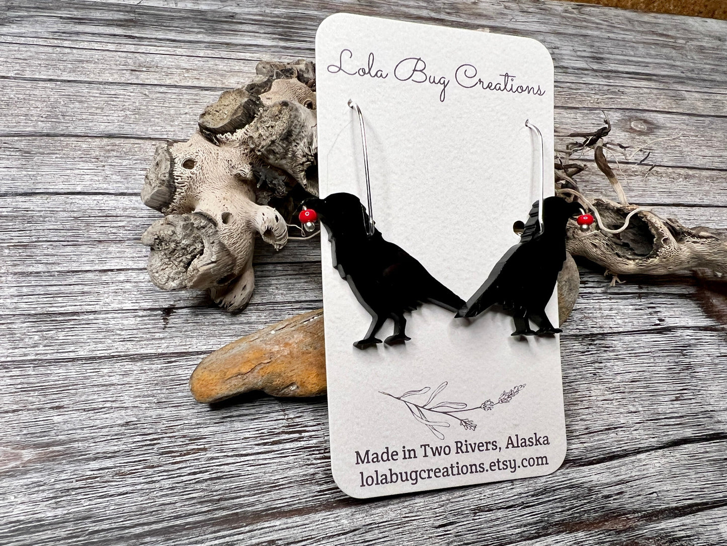 Acrylic raven with red berry earrings with sterling silver ear wires