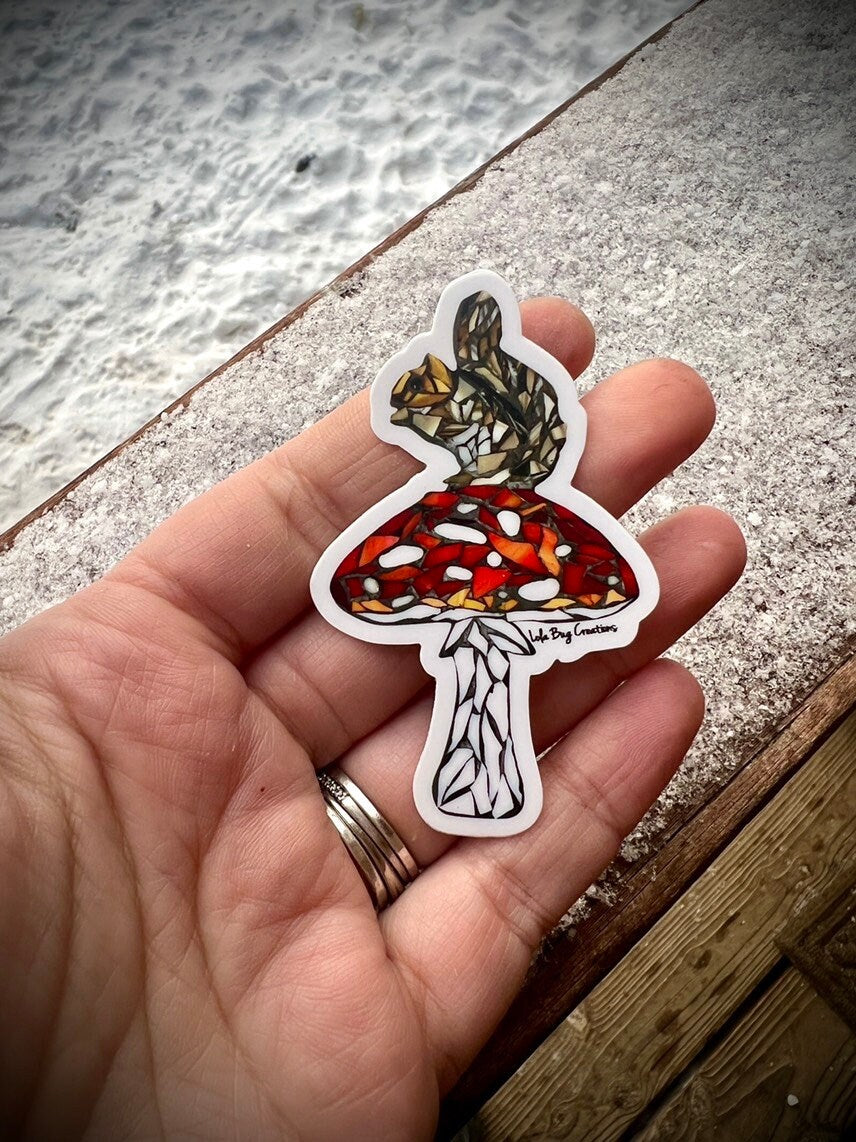 Amanita Mushroom With a Sitting Squirrel Vinyl Sticker