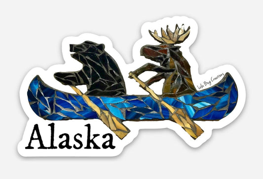 Bear and Moose in a Canoe Alaska Vinyl Sticker