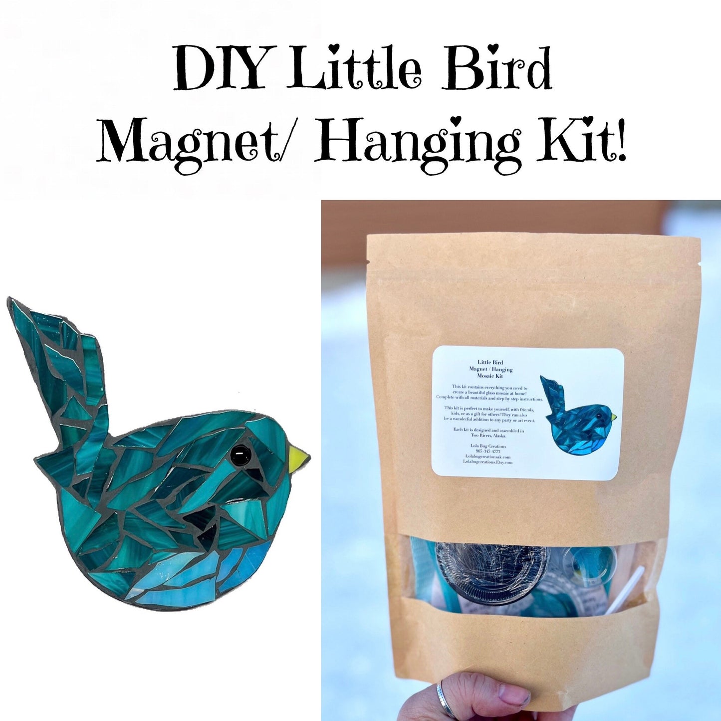 Little Teal Bird Magnet/ Hanging Glass Mosaic Kit - DIY-Do it yourself- Make it yourself