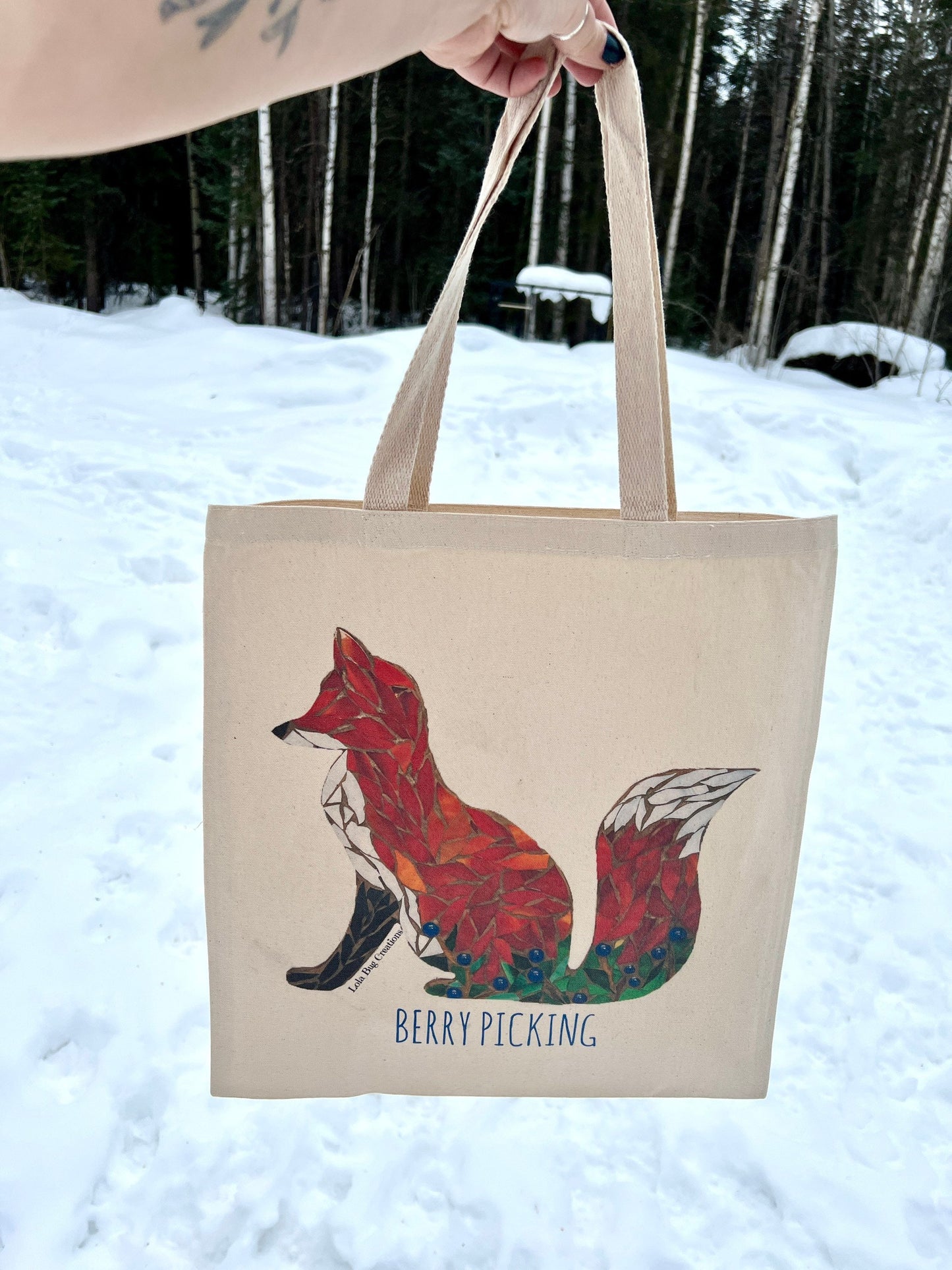 Fox Berry Picking cotton canvas tote printed bag