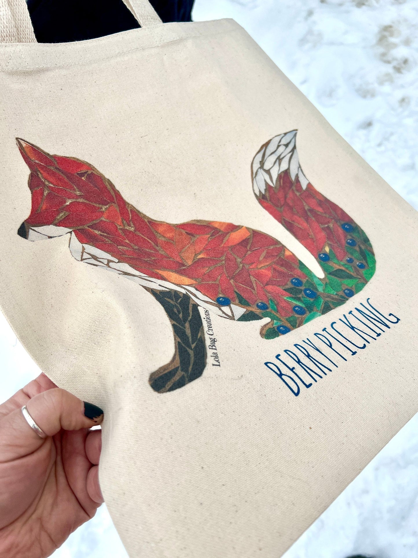 Fox Berry Picking cotton canvas tote printed bag