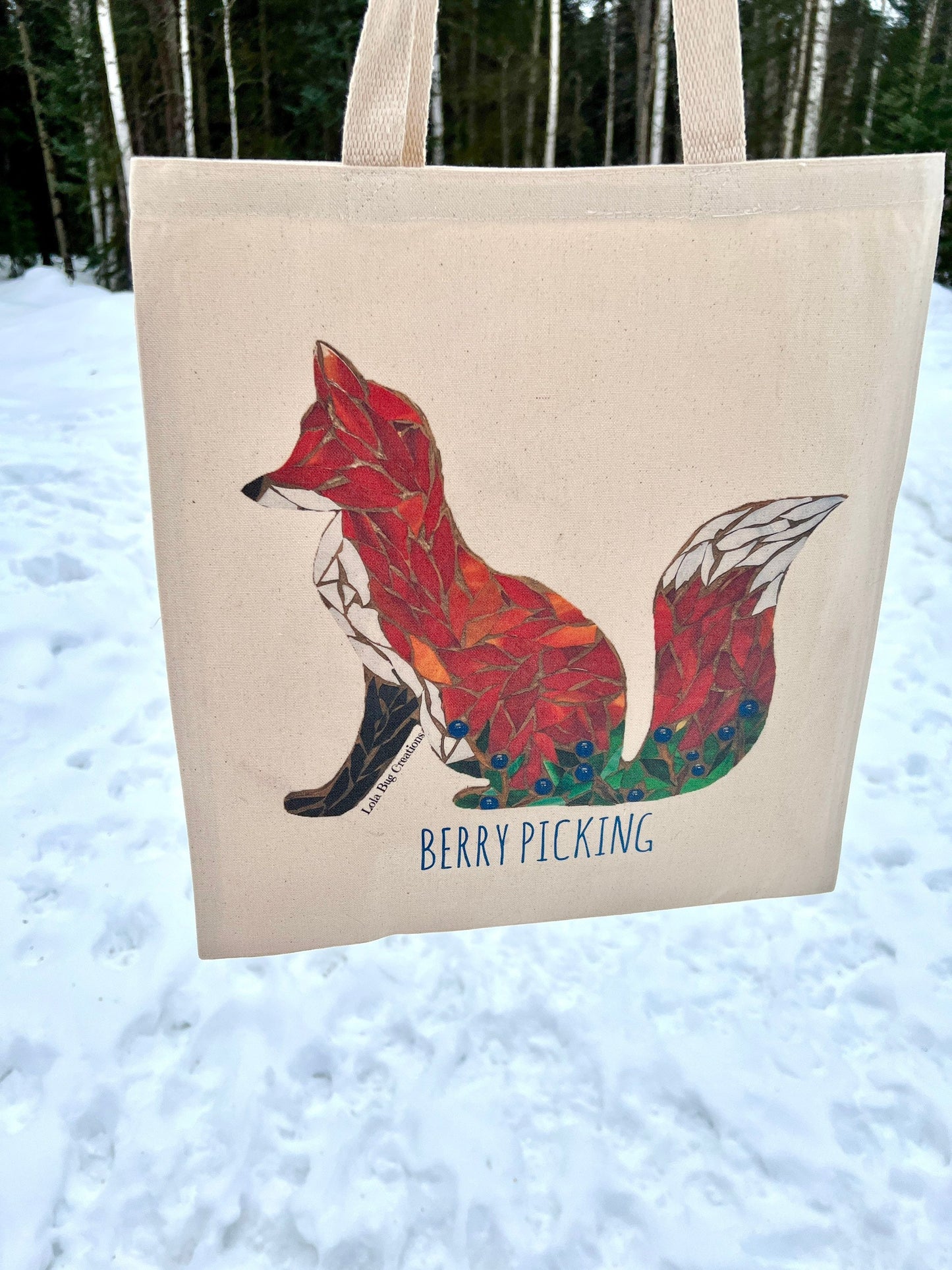 Fox Berry Picking cotton canvas tote printed bag