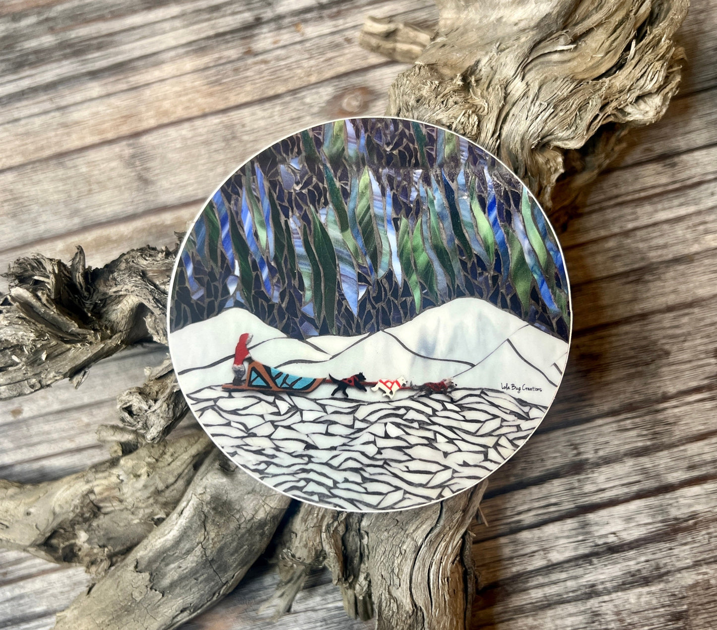 Mushing Under the Northern Lights Round Vinyl Sticker