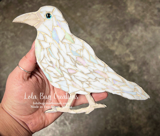 Perched White Albino Raven Glass Mosaic