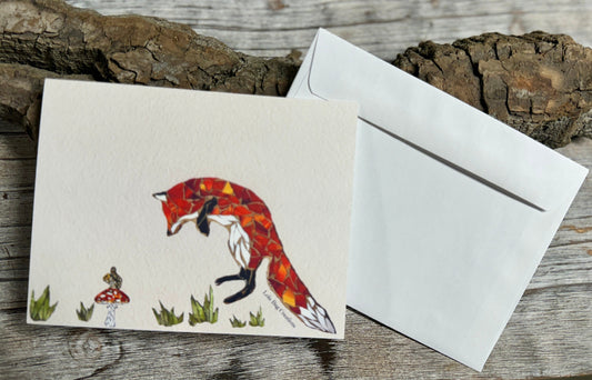 Jumping Fox over squirrel and mushroom Mosaic Note Card