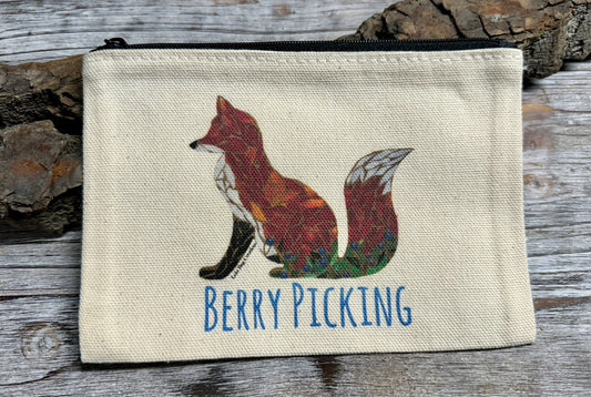 Fox Berry Picking cotton canvas  zipper printed bag