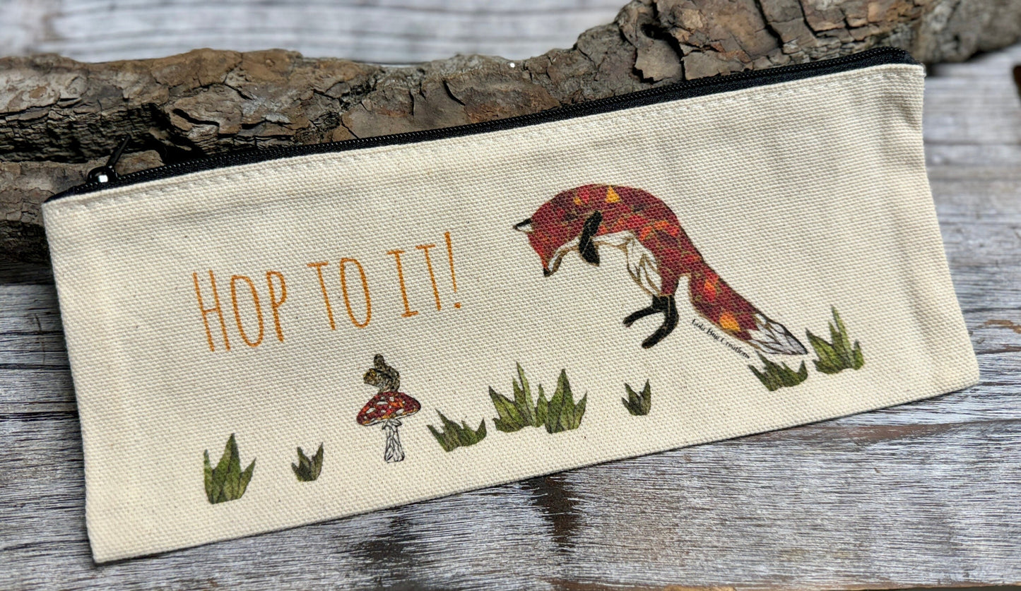 Jumping Fox, Hop on it, squirrel and mushroom, cotton canvas zipper printed bag